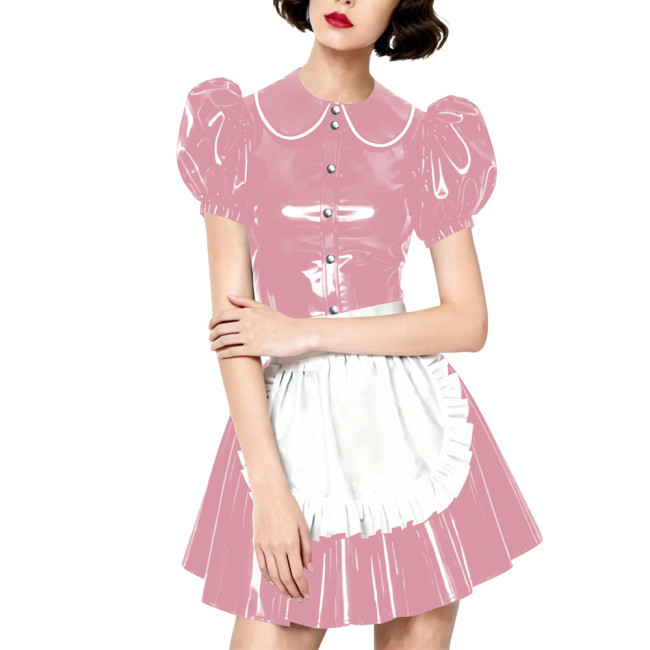 Halloween Party Wetlook Faux Leather Maid Short Sleeve Apron Mini Dress Wetlook French Peter Collar Cosplay Maid Crossdresser