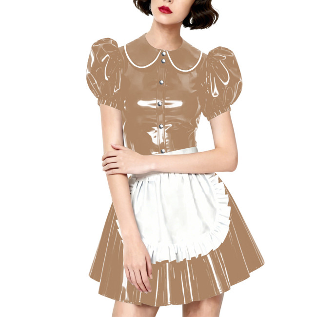 Halloween Party Wetlook Faux Leather Maid Short Sleeve Apron Mini Dress Wetlook French Peter Collar Cosplay Maid Crossdresser