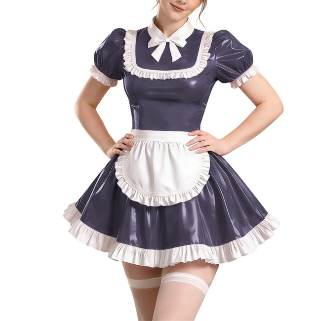 Copy Sissy Short Sleeve Maid Uniform Lolita Pleated Cosplay Evening Dress Anime Bow Shiny PVC Mini Maid Dress with Apron Halloween