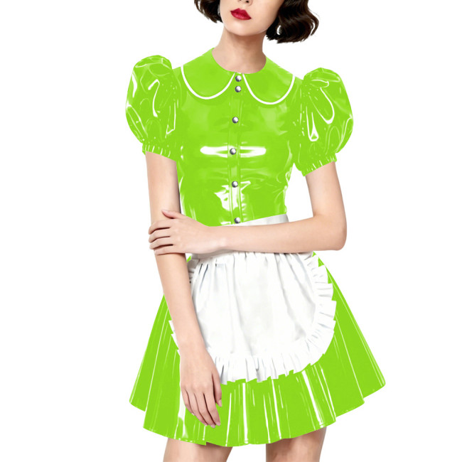 Halloween Party Wetlook Faux Leather Maid Short Sleeve Apron Mini Dress Wetlook French Peter Collar Cosplay Maid Crossdresser