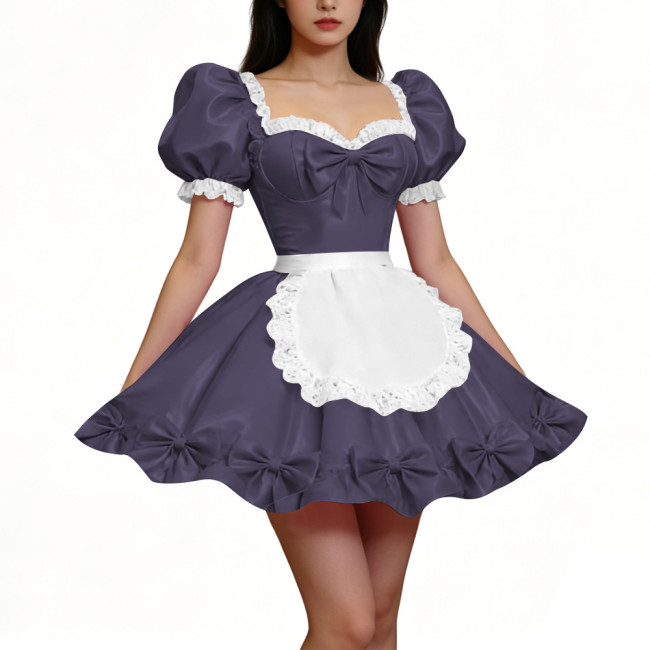 PVC Shiny Puff Sleeve French Maid Dress Erotic Square Neck Cocktail Mini Dress Apron Lace Party Back Zipper Gothic Cosplay Lolita