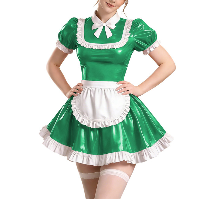Copy Sissy Short Sleeve Maid Uniform Lolita Pleated Cosplay Evening Dress Anime Bow Shiny PVC Mini Maid Dress with Apron Halloween