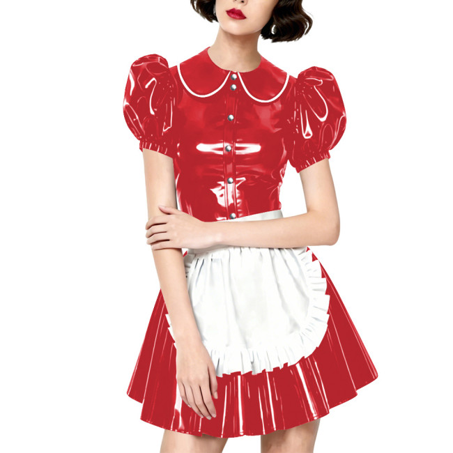 Halloween Party Wetlook Faux Leather Maid Short Sleeve Apron Mini Dress Wetlook French Peter Collar Cosplay Maid Crossdresser
