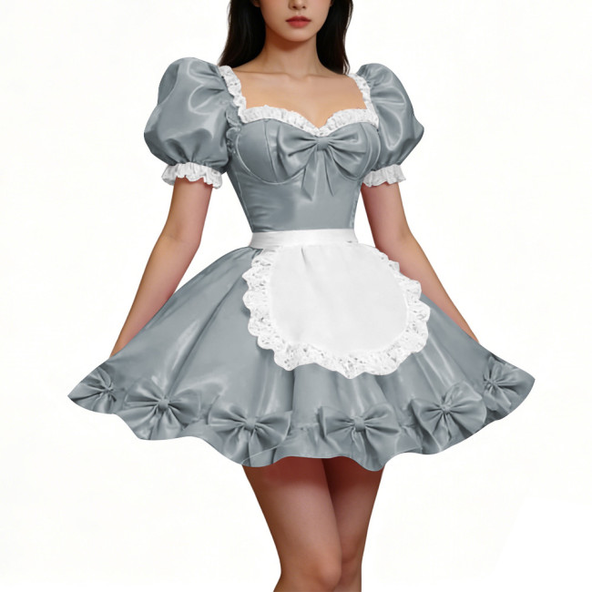 PVC Shiny Puff Sleeve French Maid Dress Erotic Square Neck Cocktail Mini Dress Apron Lace Party Back Zipper Gothic Cosplay Lolita