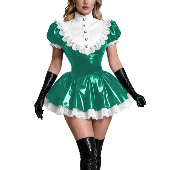 Womens Sexy A Line Wetlook Faux Leather French Maid Cosplay Short Sleeve Mini Dress Halloween Lace Party Dress Club Performance