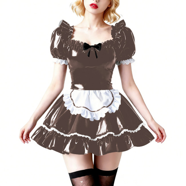 Vinyl PVC Wetlook Puff Sleeve Club Maid Dress Fetish Apron Short Dress Sexy French Maid Uniform Crossdressing Party Evening Prom