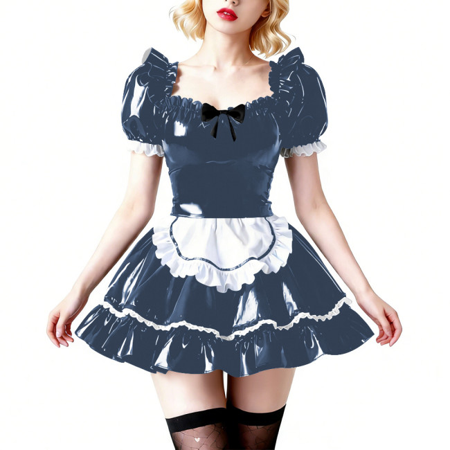 Vinyl PVC Wetlook Puff Sleeve Club Maid Dress Fetish Apron Short Dress Sexy French Maid Uniform Crossdressing Party Evening Prom