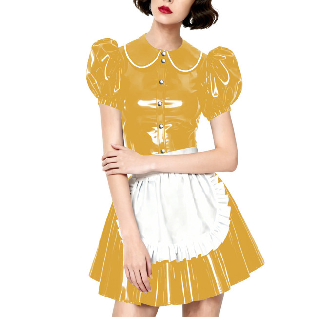 Halloween Party Wetlook Faux Leather Maid Short Sleeve Apron Mini Dress Wetlook French Peter Collar Cosplay Maid Crossdresser