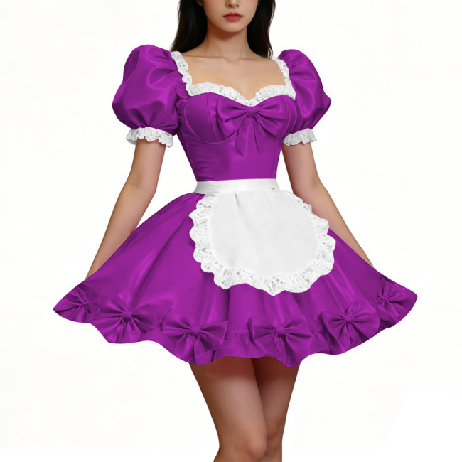 PVC Shiny Puff Sleeve French Maid Dress Erotic Square Neck Cocktail Mini Dress Apron Lace Party Back Zipper Gothic Cosplay Lolita