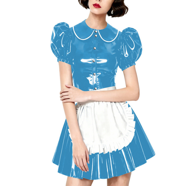 Halloween Party Wetlook Faux Leather Maid Short Sleeve Apron Mini Dress Wetlook French Peter Collar Cosplay Maid Crossdresser