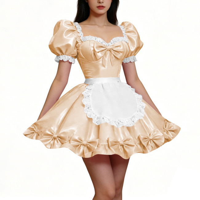 PVC Shiny Puff Sleeve French Maid Dress Erotic Square Neck Cocktail Mini Dress Apron Lace Party Back Zipper Gothic Cosplay Lolita