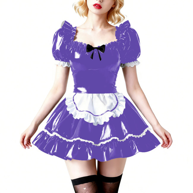 Vinyl PVC Wetlook Puff Sleeve Club Maid Dress Fetish Apron Short Dress Sexy French Maid Uniform Crossdressing Party Evening Prom