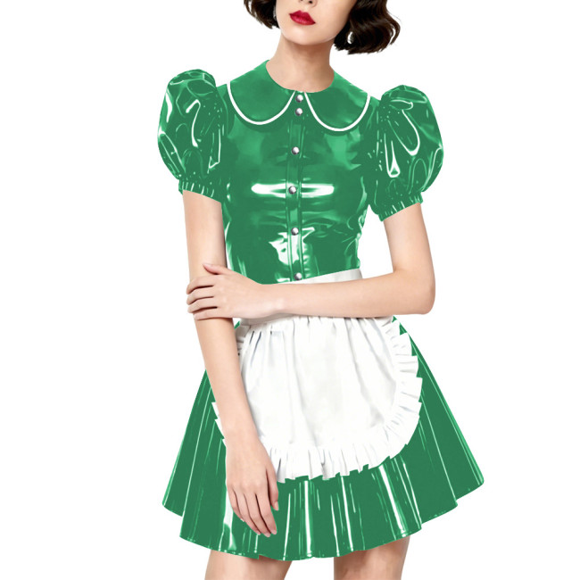 Halloween Party Wetlook Faux Leather Maid Short Sleeve Apron Mini Dress Wetlook French Peter Collar Cosplay Maid Crossdresser