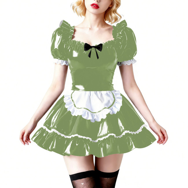 Vinyl PVC Wetlook Puff Sleeve Club Maid Dress Fetish Apron Short Dress Sexy French Maid Uniform Crossdressing Party Evening Prom