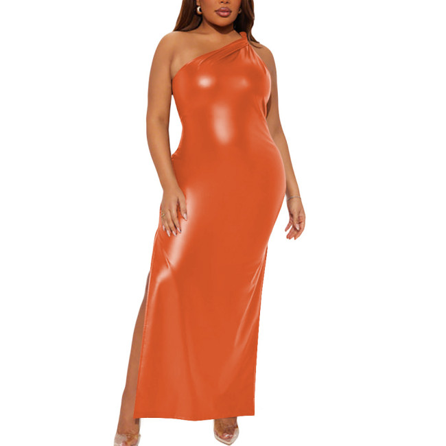 Plus Size Wetlook Matte Faux Leather Clubwear One Shoulder Bodycon Maxi Dress Gothic Sleeveless High Split Long Cocktail Dress
