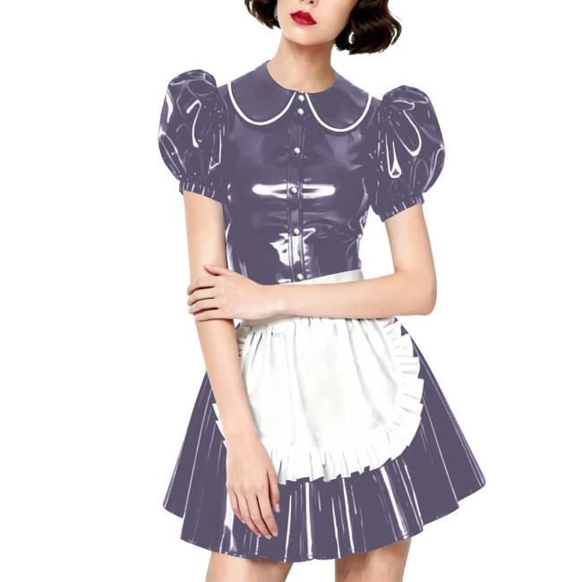 Halloween Party Wetlook Faux Leather Maid Short Sleeve Apron Mini Dress Wetlook French Peter Collar Cosplay Maid Crossdresser