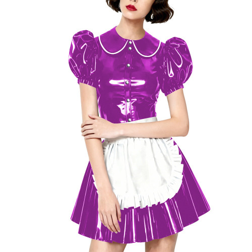 Halloween Party Wetlook Faux Leather Maid Short Sleeve Apron Mini Dress Wetlook French Peter Collar Cosplay Maid Crossdresser