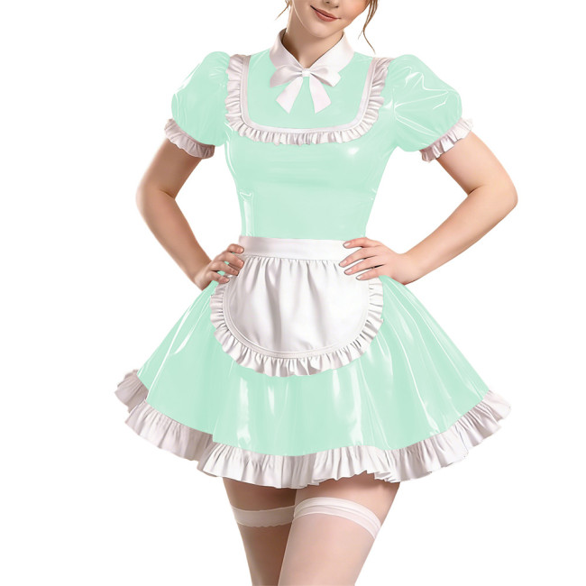 Copy Sissy Short Sleeve Maid Uniform Lolita Pleated Cosplay Evening Dress Anime Bow Shiny PVC Mini Maid Dress with Apron Halloween