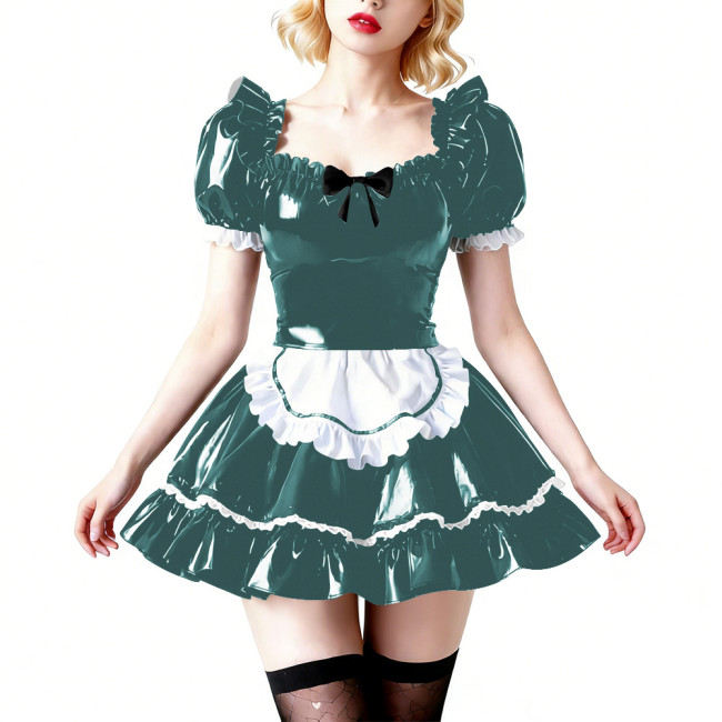 Vinyl PVC Wetlook Puff Sleeve Club Maid Dress Fetish Apron Short Dress Sexy French Maid Uniform Crossdressing Party Evening Prom