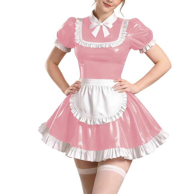 Copy Sissy Short Sleeve Maid Uniform Lolita Pleated Cosplay Evening Dress Anime Bow Shiny PVC Mini Maid Dress with Apron Halloween