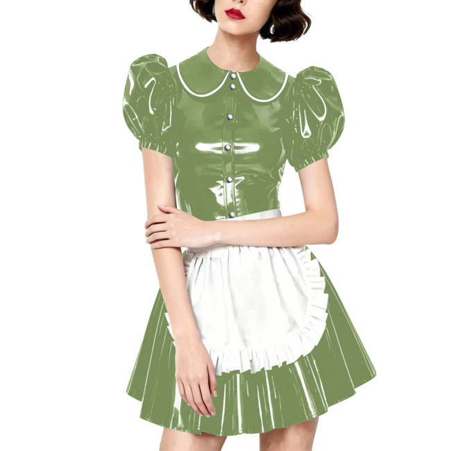 Halloween Party Wetlook Faux Leather Maid Short Sleeve Apron Mini Dress Wetlook French Peter Collar Cosplay Maid Crossdresser