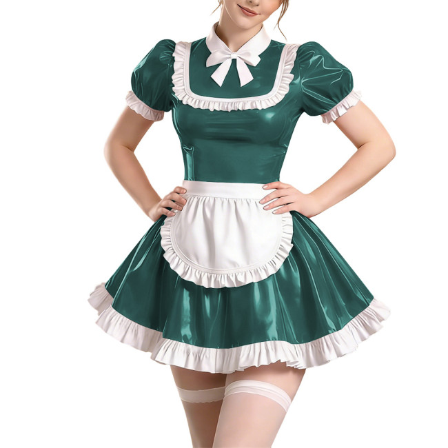Copy Sissy Short Sleeve Maid Uniform Lolita Pleated Cosplay Evening Dress Anime Bow Shiny PVC Mini Maid Dress with Apron Halloween