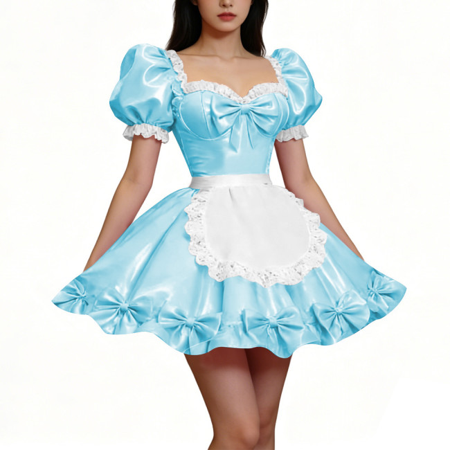 PVC Shiny Puff Sleeve French Maid Dress Erotic Square Neck Cocktail Mini Dress Apron Lace Party Back Zipper Gothic Cosplay Lolita