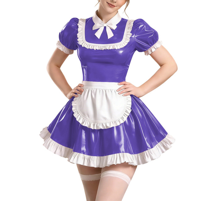 Copy Sissy Short Sleeve Maid Uniform Lolita Pleated Cosplay Evening Dress Anime Bow Shiny PVC Mini Maid Dress with Apron Halloween