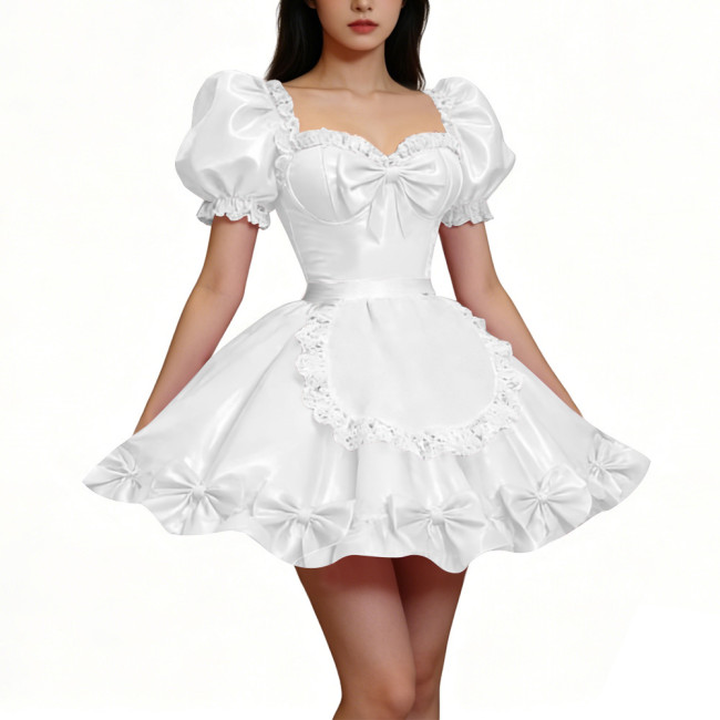 PVC Shiny Puff Sleeve French Maid Dress Erotic Square Neck Cocktail Mini Dress Apron Lace Party Back Zipper Gothic Cosplay Lolita