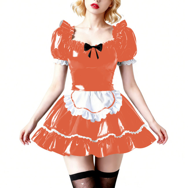 Vinyl PVC Wetlook Puff Sleeve Club Maid Dress Fetish Apron Short Dress Sexy French Maid Uniform Crossdressing Party Evening Prom