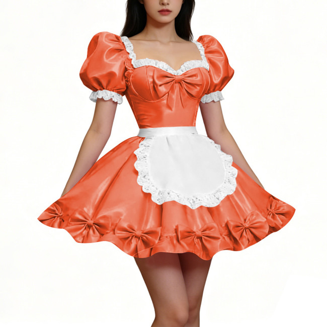 PVC Shiny Puff Sleeve French Maid Dress Erotic Square Neck Cocktail Mini Dress Apron Lace Party Back Zipper Gothic Cosplay Lolita