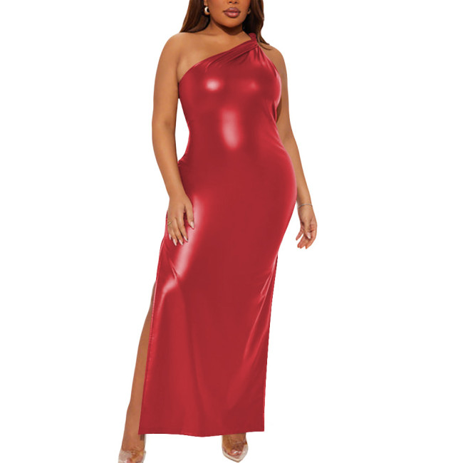 Plus Size Wetlook Matte Faux Leather Clubwear One Shoulder Bodycon Maxi Dress Gothic Sleeveless High Split Long Cocktail Dress