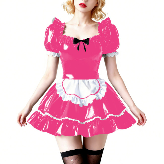 Vinyl PVC Wetlook Puff Sleeve Club Maid Dress Fetish Apron Short Dress Sexy French Maid Uniform Crossdressing Party Evening Prom