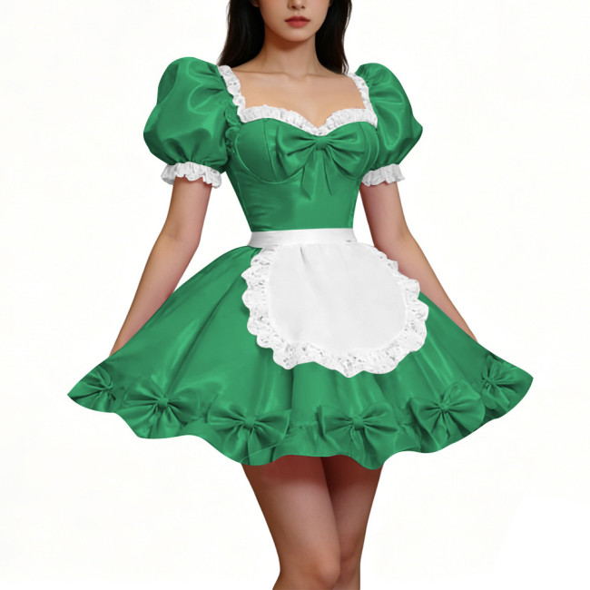 PVC Shiny Puff Sleeve French Maid Dress Erotic Square Neck Cocktail Mini Dress Apron Lace Party Back Zipper Gothic Cosplay Lolita