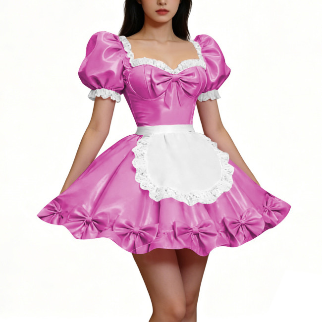 PVC Shiny Puff Sleeve French Maid Dress Erotic Square Neck Cocktail Mini Dress Apron Lace Party Back Zipper Gothic Cosplay Lolita