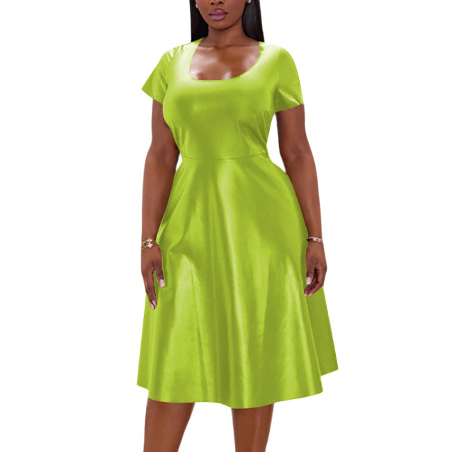 Plus Size Matte Glossy Faux Leather Wedding Dress Women High Street Short Sleeve Office Outfits Casual A-Line Party Midi Dress