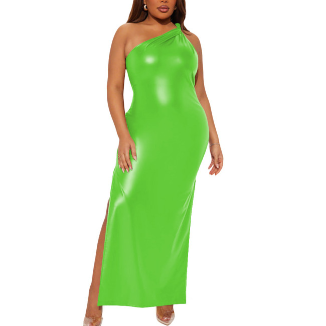Plus Size Wetlook Matte Faux Leather Clubwear One Shoulder Bodycon Maxi Dress Gothic Sleeveless High Split Long Cocktail Dress