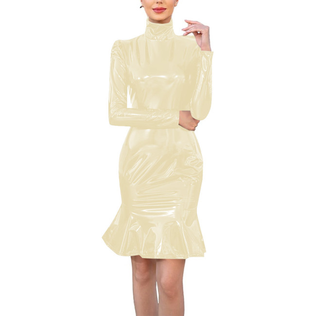 Ladies Glossy PVC Vinyl Party Dress Wetlook Cocktail Mermaid Dress Sexy Long Sleeve Bodycon Midi Dress Ankle-length Evening Gown