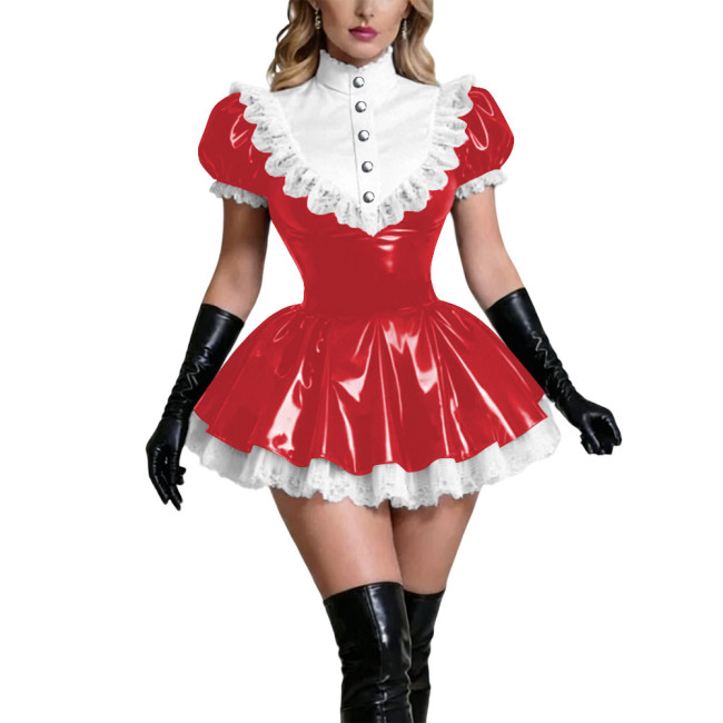 Womens Sexy A Line Wetlook Faux Leather French Maid Cosplay Short Sleeve Mini Dress Halloween Lace Party Dress Club Performance