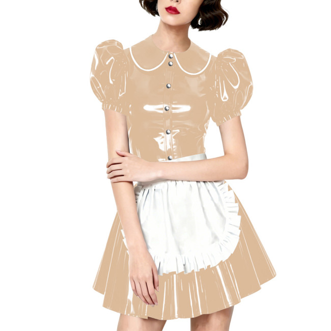 Halloween Party Wetlook Faux Leather Maid Short Sleeve Apron Mini Dress Wetlook French Peter Collar Cosplay Maid Crossdresser