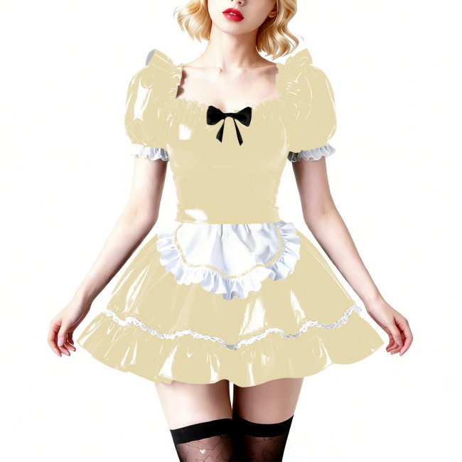 Vinyl PVC Wetlook Puff Sleeve Club Maid Dress Fetish Apron Short Dress Sexy French Maid Uniform Crossdressing Party Evening Prom