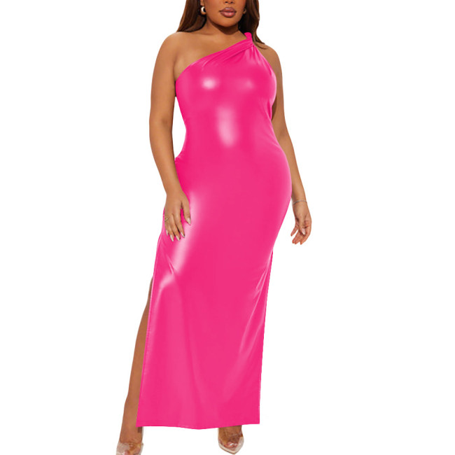 Plus Size Wetlook Matte Faux Leather Clubwear One Shoulder Bodycon Maxi Dress Gothic Sleeveless High Split Long Cocktail Dress