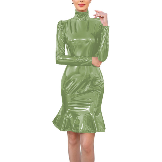 Ladies Glossy PVC Vinyl Party Dress Wetlook Cocktail Mermaid Dress Sexy Long Sleeve Bodycon Midi Dress Ankle-length Evening Gown