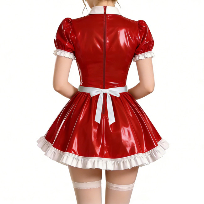 Copy Sissy Short Sleeve Maid Uniform Lolita Pleated Cosplay Evening Dress Anime Bow Shiny PVC Mini Maid Dress with Apron Halloween