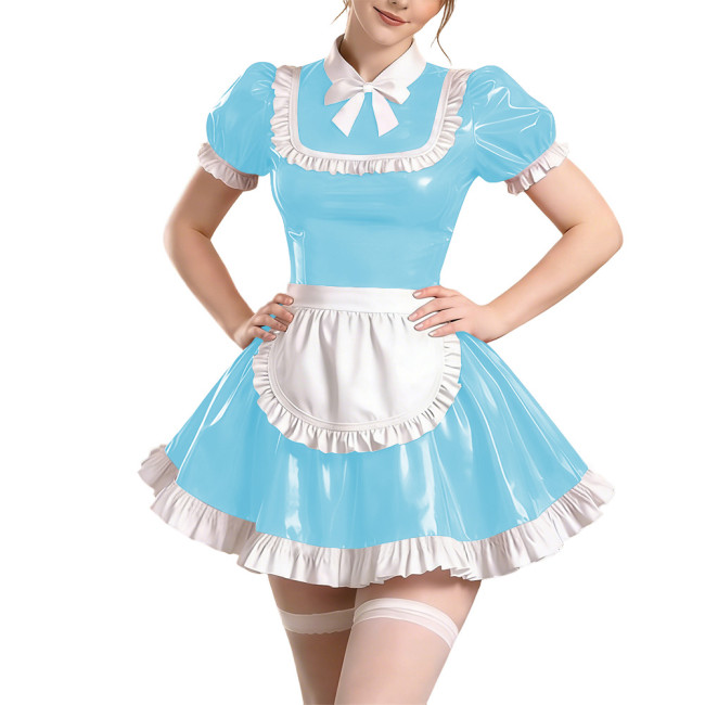 Copy Sissy Short Sleeve Maid Uniform Lolita Pleated Cosplay Evening Dress Anime Bow Shiny PVC Mini Maid Dress with Apron Halloween