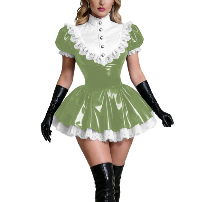 Womens Sexy A Line Wetlook Faux Leather French Maid Cosplay Short Sleeve Mini Dress Halloween Lace Party Dress Club Performance