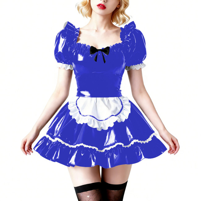 Vinyl PVC Wetlook Puff Sleeve Club Maid Dress Fetish Apron Short Dress Sexy French Maid Uniform Crossdressing Party Evening Prom