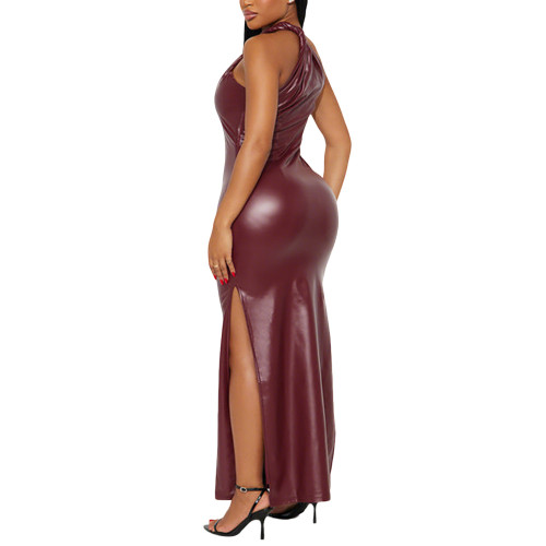 Plus Size Wetlook Matte Faux Leather Clubwear One Shoulder Bodycon Maxi Dress Gothic Sleeveless High Split Long Cocktail Dress