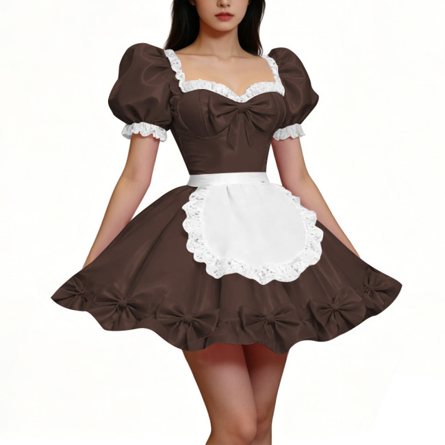 PVC Shiny Puff Sleeve French Maid Dress Erotic Square Neck Cocktail Mini Dress Apron Lace Party Back Zipper Gothic Cosplay Lolita