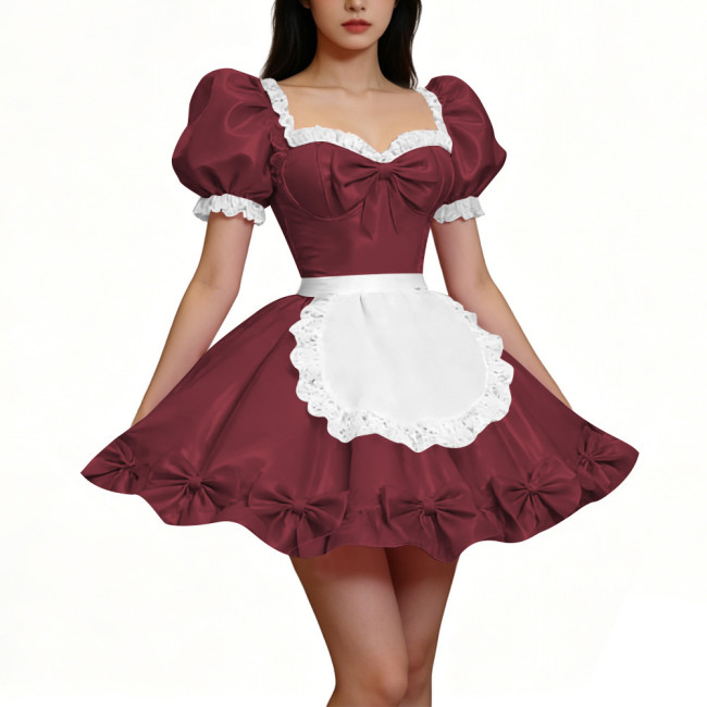 PVC Shiny Puff Sleeve French Maid Dress Erotic Square Neck Cocktail Mini Dress Apron Lace Party Back Zipper Gothic Cosplay Lolita